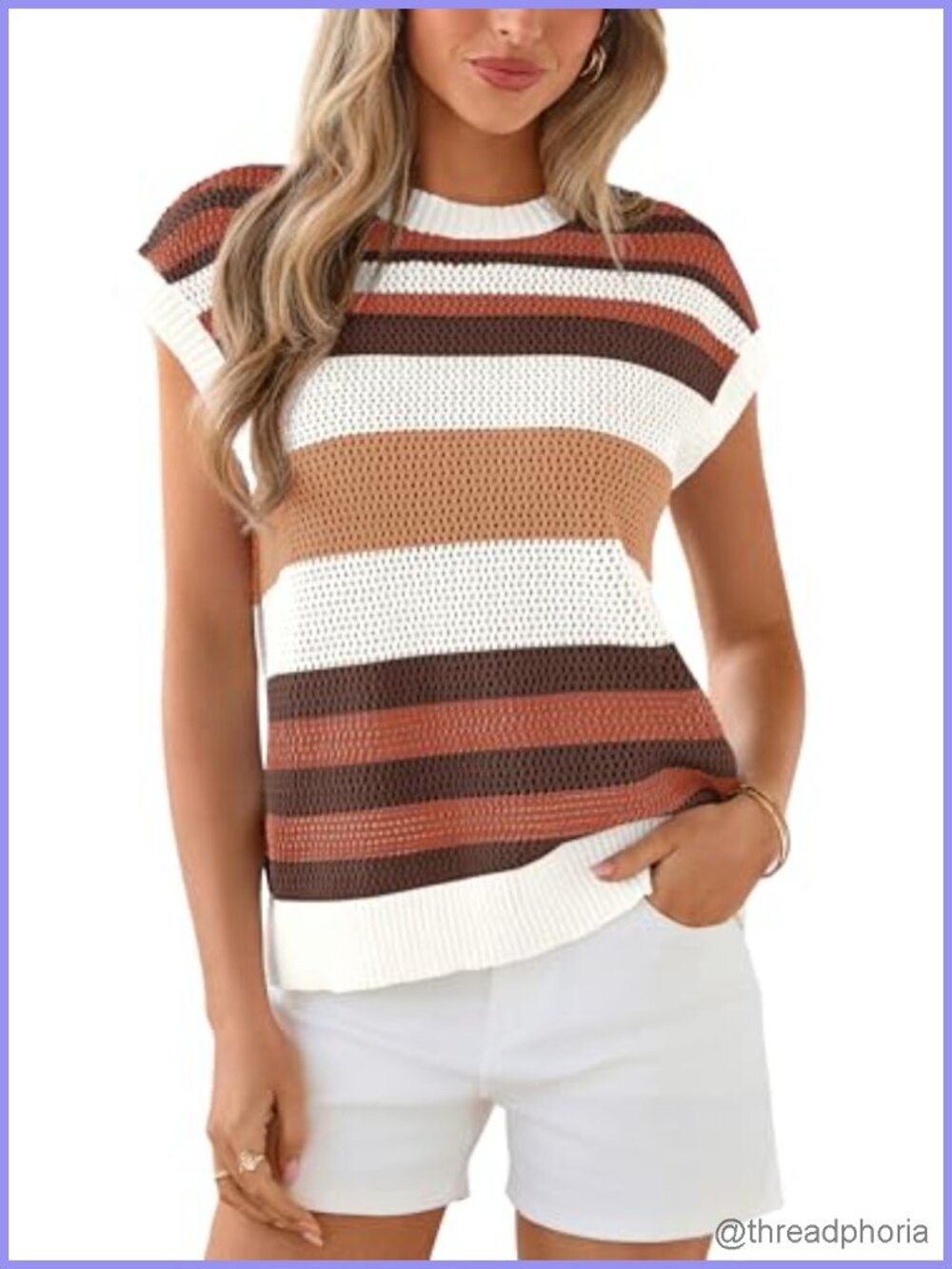 Womens Sweater Vest Tank Top Crochet Knit Cap Sleeve Crewneck Color Block